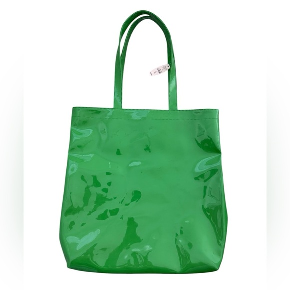 Victoria Secrets Vinyl Tote Bag Green w/Gold Lining & Animal Print Lining - Picture 2 of 9